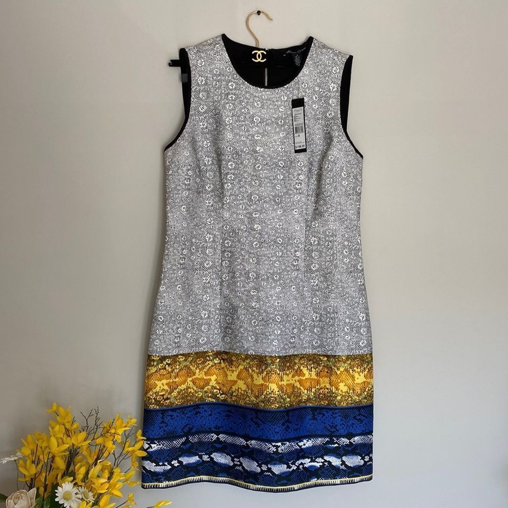 🔴 NWT Kenneth Cole Black White Blue Multi Print Shift Cocktail Dress - Picture 7 of 14